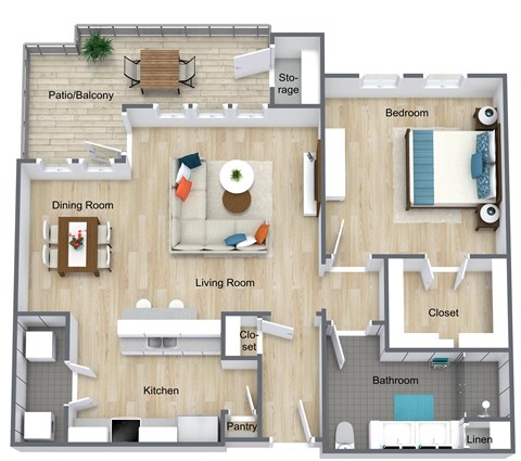 Floor plan for 1 bed, 1 bath, 870 sqft